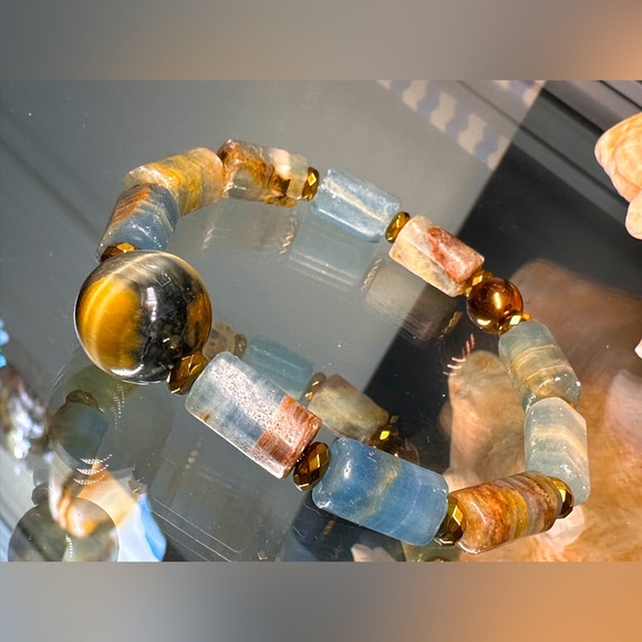 LEMURIAN AQUATINE BARRELS + YELLOW TIGERS NATURAL STONES BRACELET size 7” - Picture 5 of 10